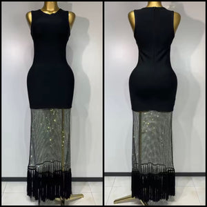 Women Sexy Sleeveless Black Mesh Fringe Maxi Dress
