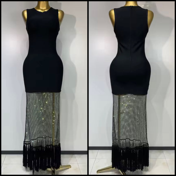 Women Sexy Sleeveless Black Mesh Fringe Maxi Dress
