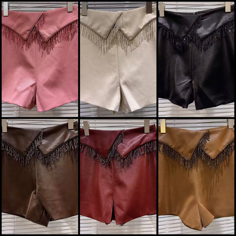 Women Color Fashion Faux Leather Tassel Shorts