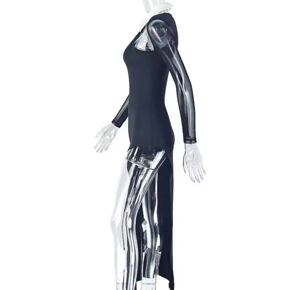 Women Sexy Collar B&W Mesh Full Sleeve Side Split Maxi Dress