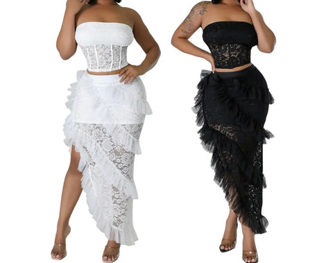 Women Lace Sexy Strapless Ruffled Two Piece Skirt Set