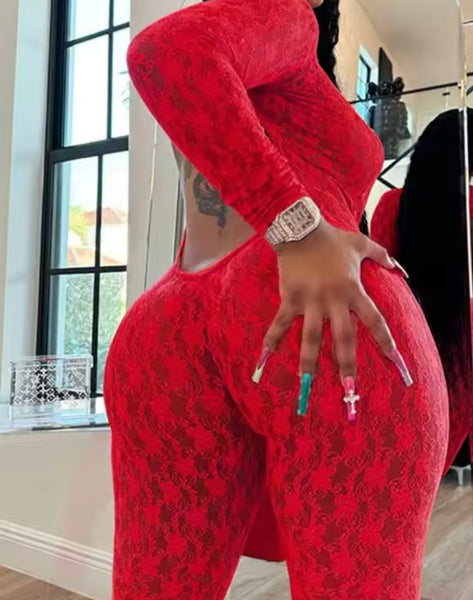 Women Sexy Lace Cut Out Full Sleeve Jumpsuit