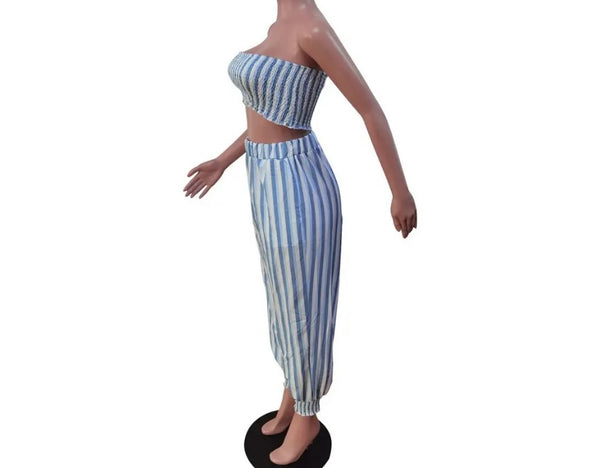 Women Sexy Strapless Striped Crop Two Piece Pant Set