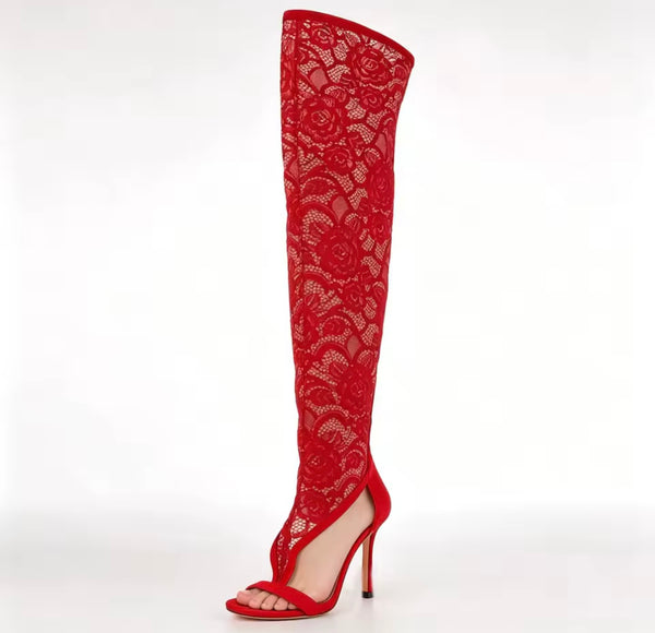 Women Fashion Open Toe Lace High Heel Knee High Boots