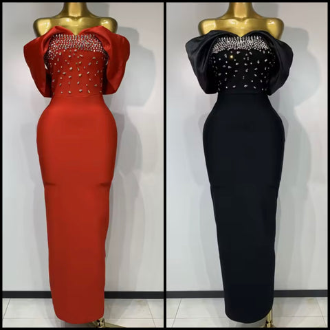Women Strapless Rhinestone Patchwork Sexy Maxi Dress