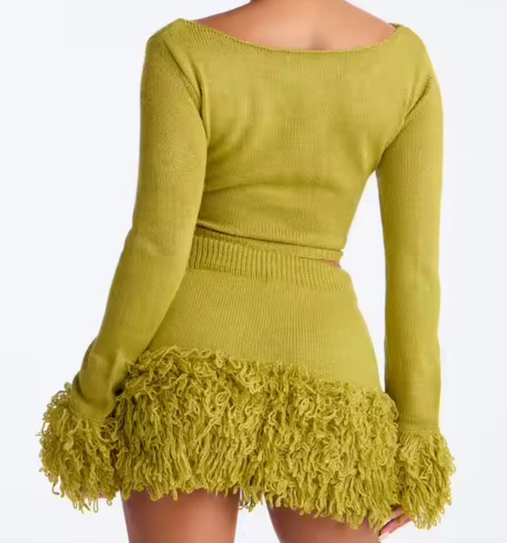 Women Color Fashion Full Sleeve Fringe Two Piece Skirt Set