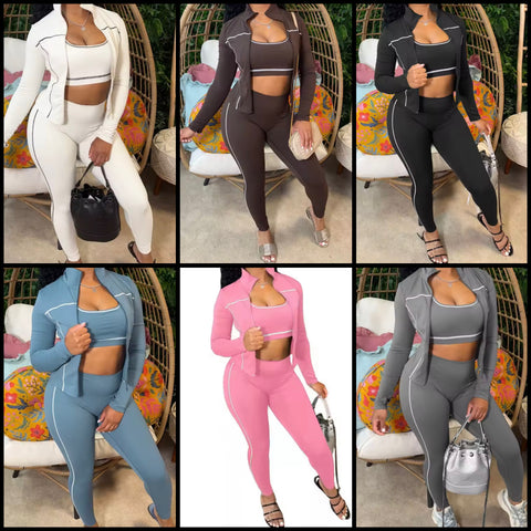 Women Color Striped Fashion Three Piece Tracksuit Pant Set
