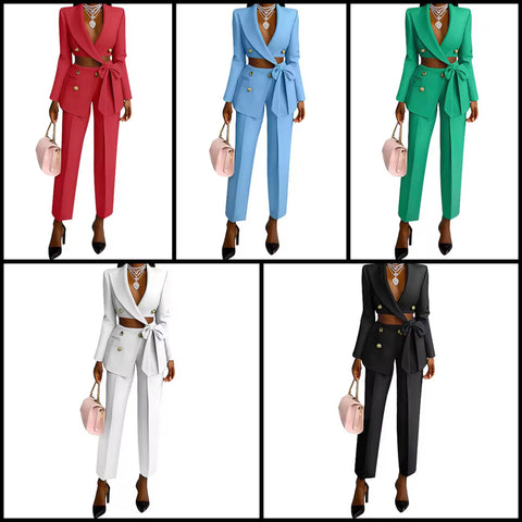Women Fashion Cut Out Full Sleeve Blazer Two Piece Pant Set