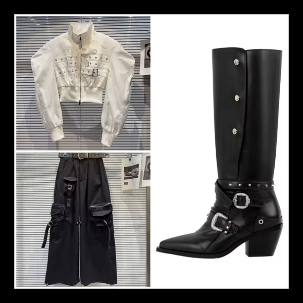 Women Fashion Black Buckled Button Knee High Western Boots