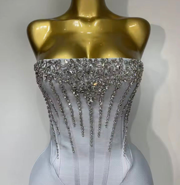 Women Sexy Strapless Gray Corset Rhinestone Bandage Maxi Dress