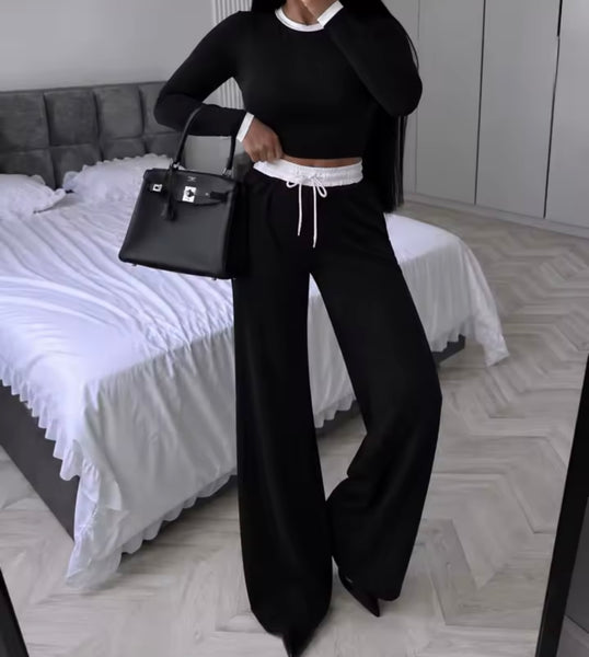 Women Fashion Color Patchwork Drawstring Two Piece Pant Set