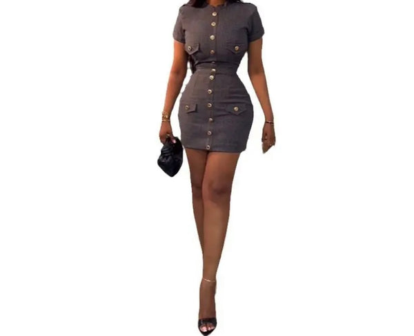 Women Sexy Fashion Short Sleeve Button Up Pocket Dress