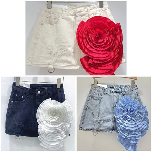 Women Color Floral Patchwork Fashion Denim Skirt