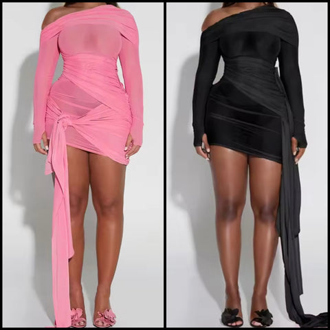 Women Sexy Full Sleeve Mesh Tie Up Tassel Ruched Dress