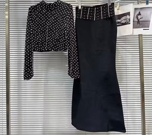 Women Fashion Pearl Full Sleeve Two Piece Maxi Skirt Set
