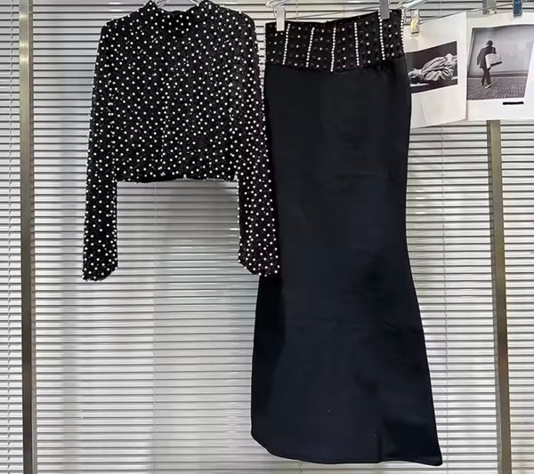 Women Fashion Pearl Full Sleeve Two Piece Maxi Skirt Set
