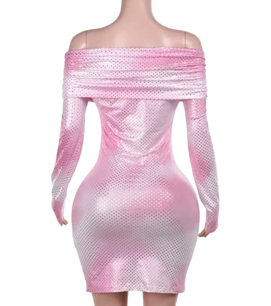 Women Sexy Off The Shoulder Pink Bling Gradient Dress