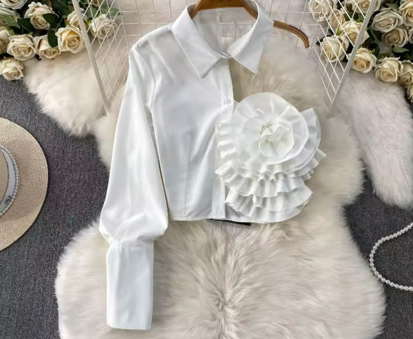 Women Button Up Fashion Floral One Shoulder Full Sleeve Top