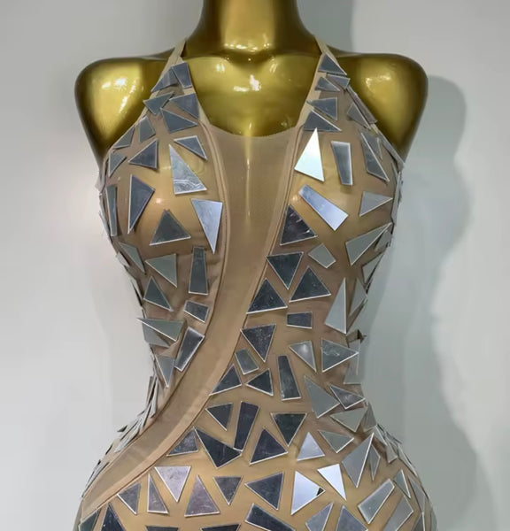 Women Sexy Sleeveless Chain Mirror Mesh Maxi Dress