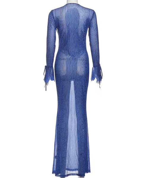Women Sexy Blue Printed Mesh Full Sleeve Maxi Dress