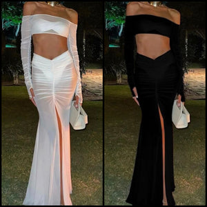 Women Sexy Mesh Full Sleeve Two Piece Maxi Skirt Set