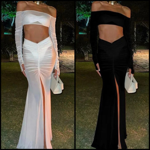 Women Sexy Mesh Full Sleeve Two Piece Maxi Skirt Set