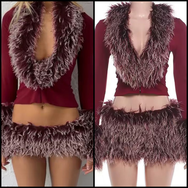 Women Sexy Faux Fur Full Sleeve Two Piece Short Skirt Set