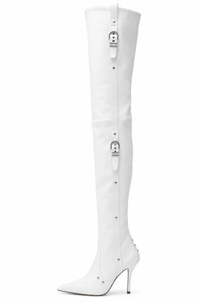 Women Fashion Pointed Toe Over The Knee Buckled High Heel Boots