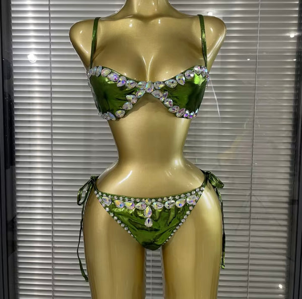 Women Sexy Shiny Rhinestone Green Bikini Swimsuit
