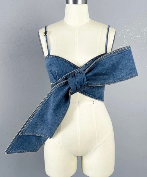 Women Sexy Fashion Sleeveless Tie Up Denim Two Piece Pant Set