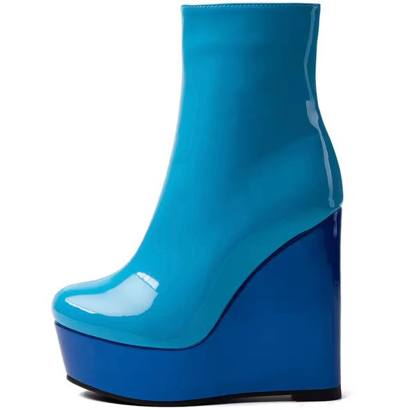 Women Fashion Blue Color Patchwork Platform Ankle Boots