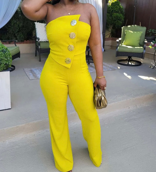 Women Sexy Button Strapless Solid Color Jumpsuit