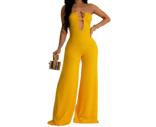 Women Sexy Strapless Metal V-Neck Wide Leg Jumpsuit