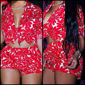 Women Fashion Red Printed Short Sleeve Two Piece Short Set