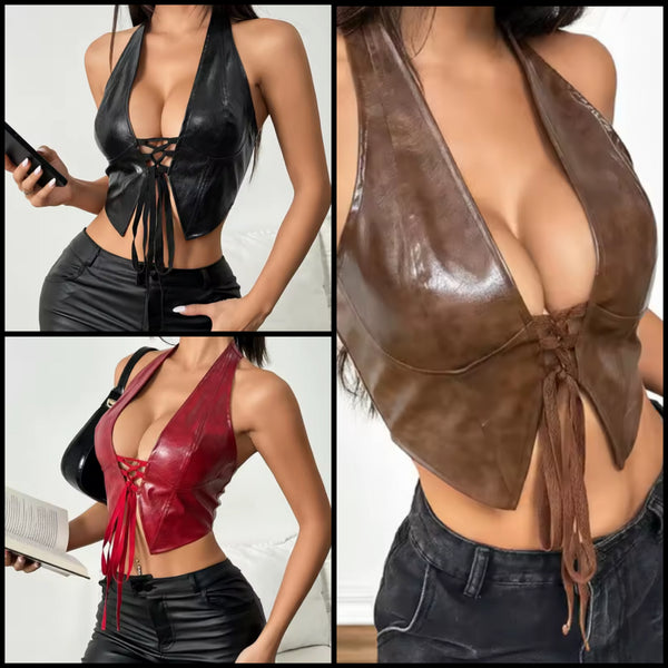 Women Sexy Fashion Faux Leather Halter Lace Up Top