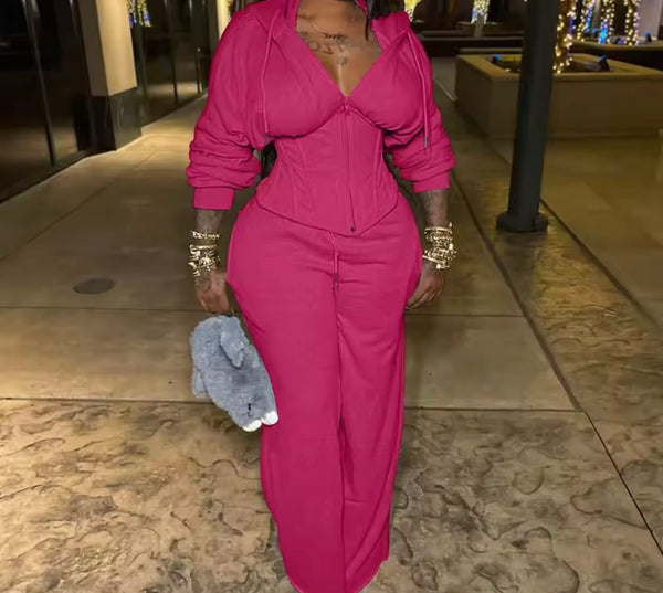 Women Fashion Hooded Corset Tracksuit Two Piece Pant Set