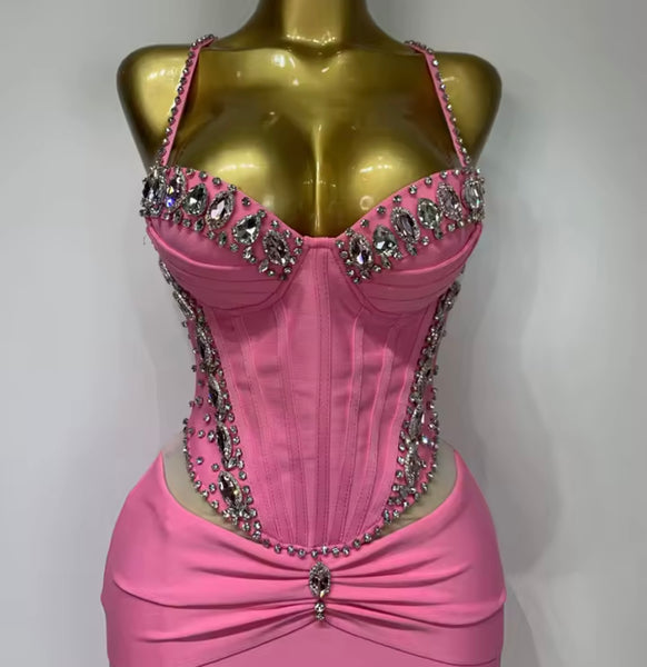 Women Pink Rhinestone Sexy Sleeveless Maxi Dress