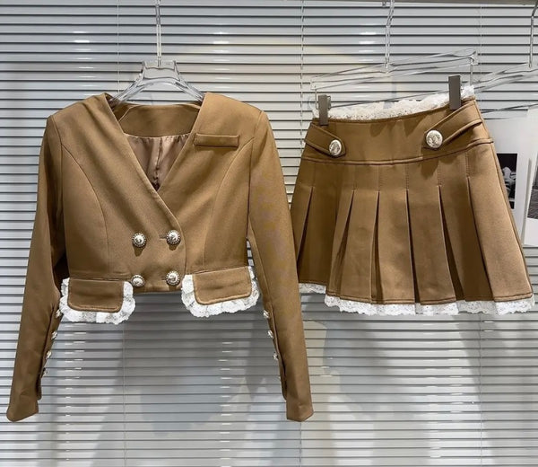 Women Fashion Lace Patchwork Two Piece Blazer Pleated Skirt Set