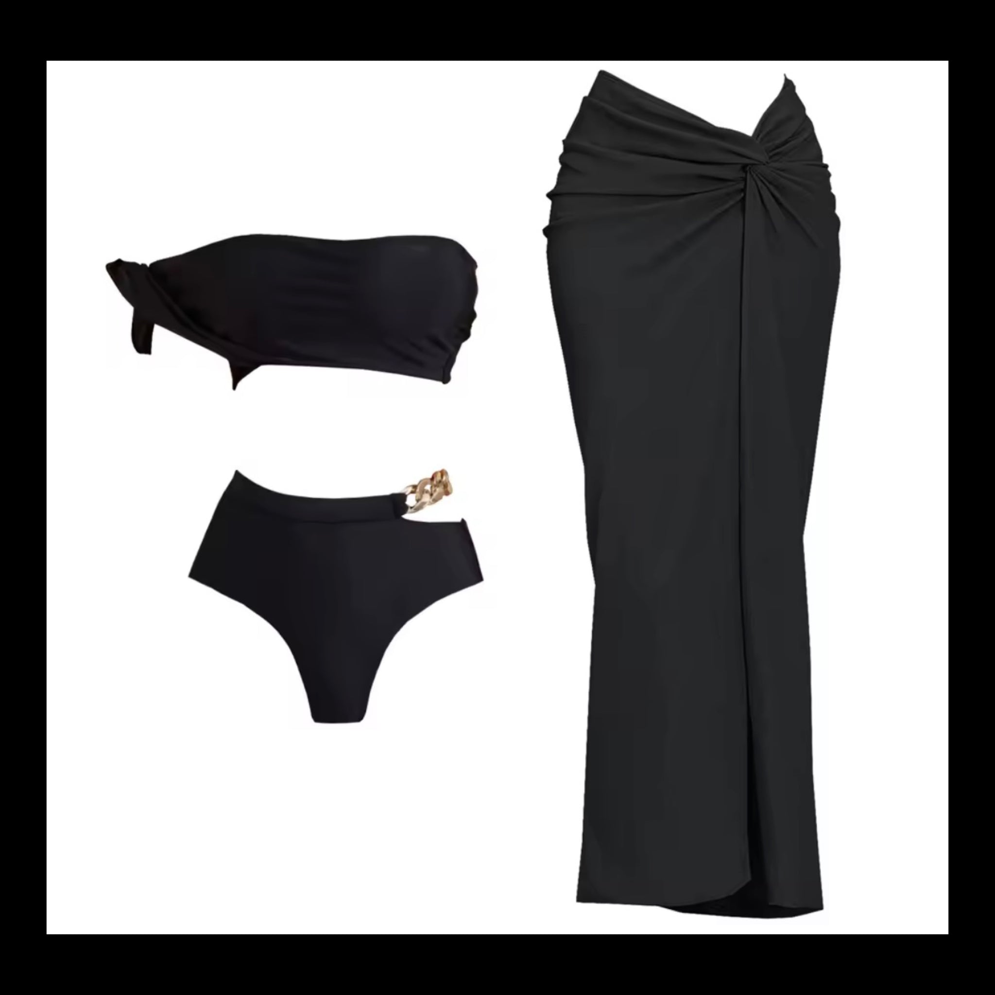 Women Black Strapless Gold Chain Bikini Cover Up Set