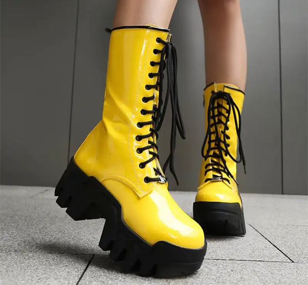 Women Fashion Color Patent Leather Lace Up Boots