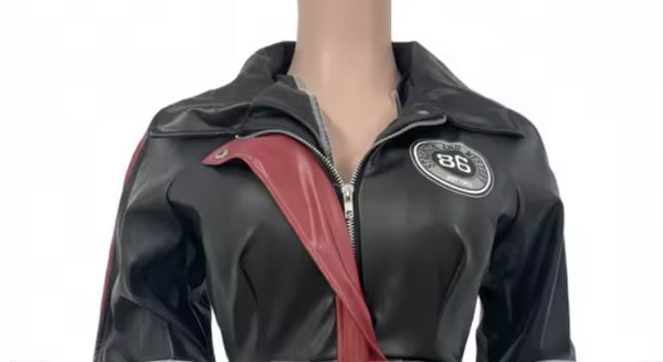 Women Color Patchwork Printed Faux Leather Two Piece Skirt Set