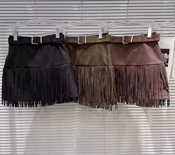 Women Color Fashion Sexy Suede Fringe Tassel Skirt