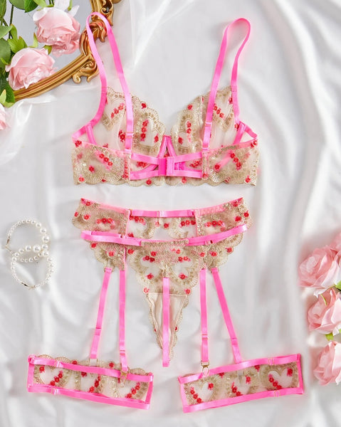 Women Sexy Pink Heart Print Lingerie Set