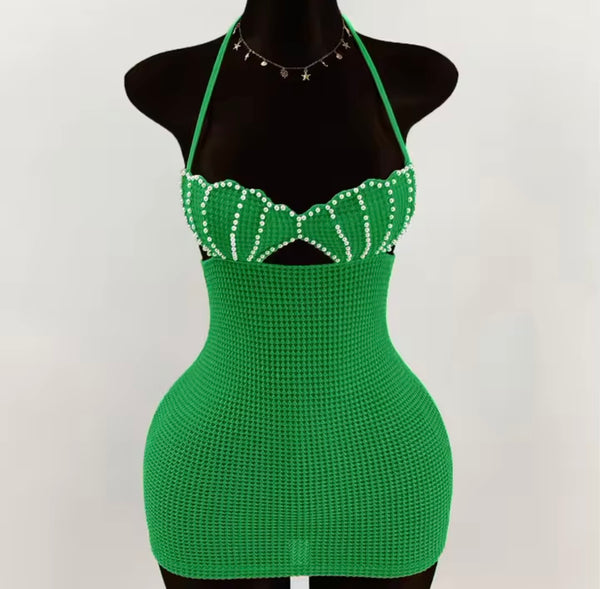 Women Sexy Sleeveless Pearl Halter Crochet Dress