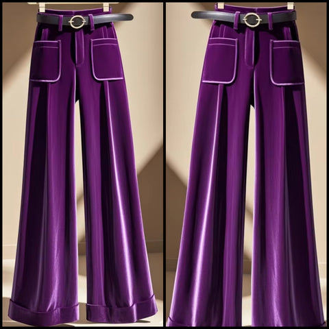 Women Fashion Purple Velvet Wide Leg Pants