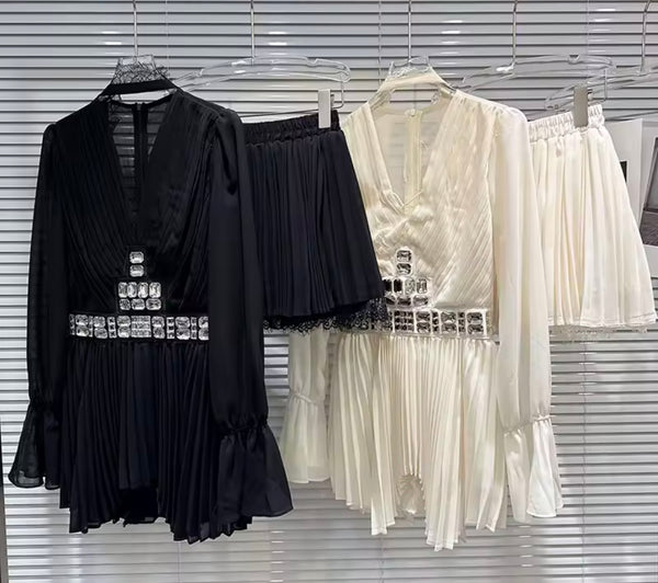 Women Sexy Crystal Chiffon Ruffle Full Sleeve Two Piece Pleated Skirt Set