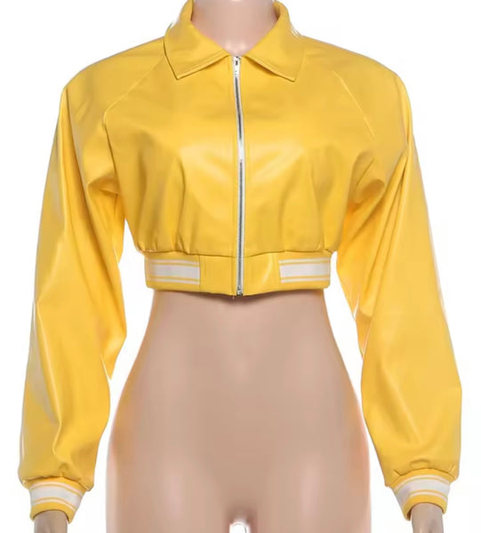 Women Fashion Yellow Letter Print Faux Leather Crop Jacket