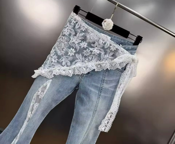 Women Fashion Blue Denim Lace Patchwork Pants