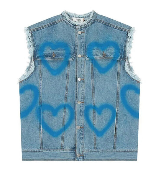 Women Fashion Color Heart Button Up Denim Vest Top