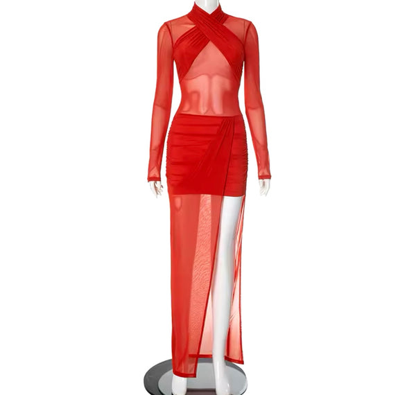 Women Sexy Red Mesh Full Sleeve Side Split Maxi Dress